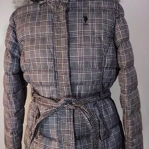 Large US Polo Assn. Gray & White Coat With Hood faux fur Plaid 21” pit-pit C4202